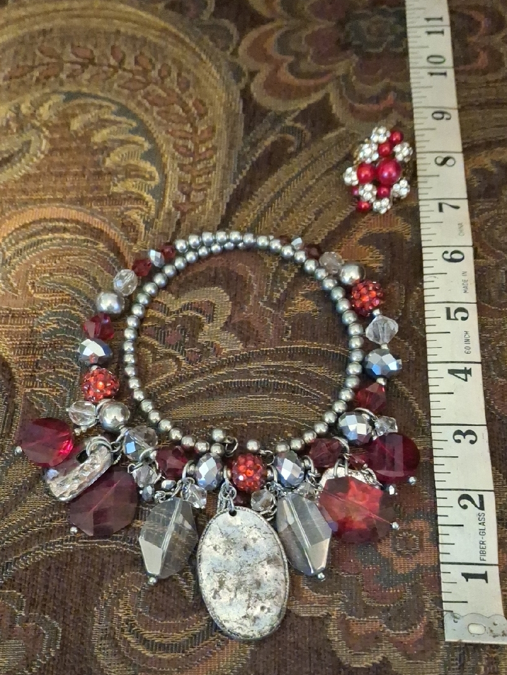 Tracy Lynn Red and Silver Beaded Charm Necklace With Matching Ring